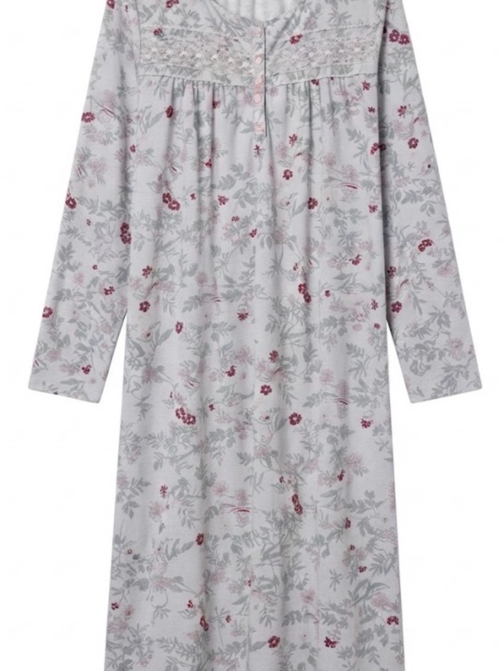 Adonna Long-Sleeve Floral Nightgown - Light Gray with Burgundy Flowers